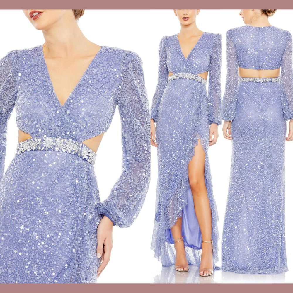 NWT $698 Mac Duggal [ 4 ]‎ Sequined Faux Wrap Cut Out Puff Sleeve Gown Lilac